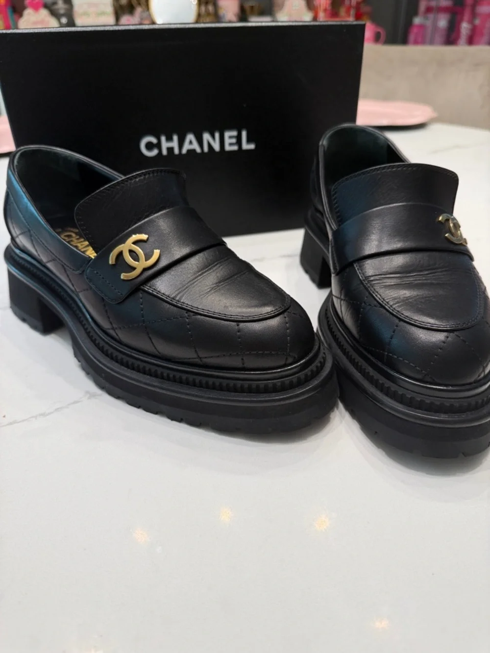 CHANEL Black Quilted Leather Platform Loafers with Gold CC Hardware - Picture 2 of 5